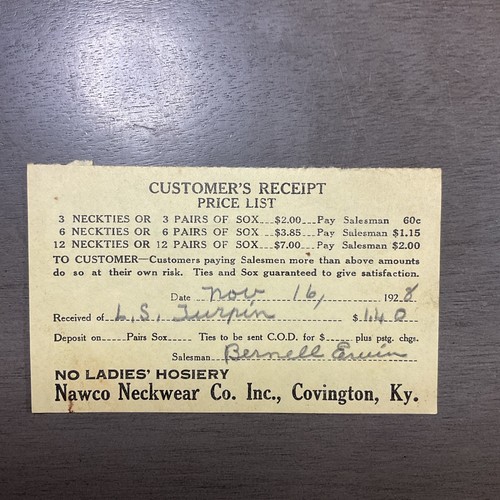 16 Nov 1928 Customer Receipt Price List Nawco Neckwear Co Covington Ky B50