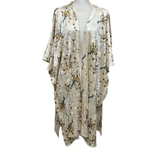 Floreat Anthropologie Velvet Kimono Duster Floral Champagne Yellow Open Front
