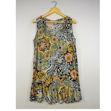 Boho LOFT S Blue Yellow Paisley Floral Sleeveless Tiered Mini Dress Tie Neck