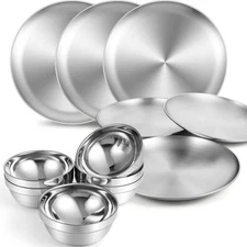 304 Stainless Steel Plates and Bowls Metal Camping Plates Reusable 13 oz Stee...