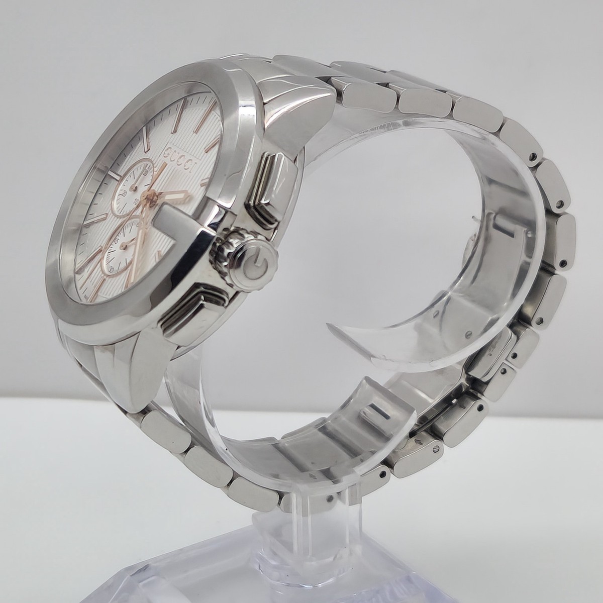 GUCCI G-CHRONO MENS $1820 SILVER ROSE GOLD ACCENTS CHRONOGRAPH