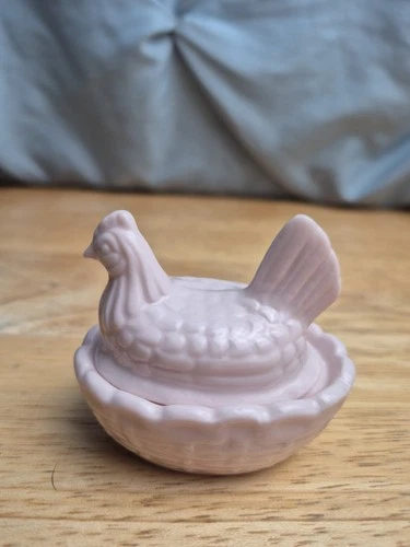 Vintage Pink Milk Glass Style Porcelain Hen On Nest Mini Salt Cellar Made in USA