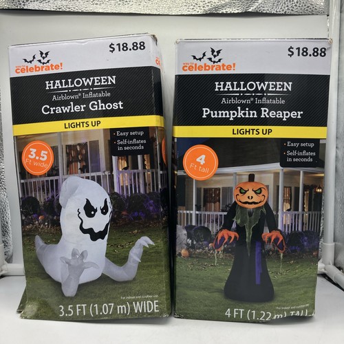 Lot of 2: Halloween Airblown Inflatable 3.5ft Crawler Ghost & Pumpkin Reaper