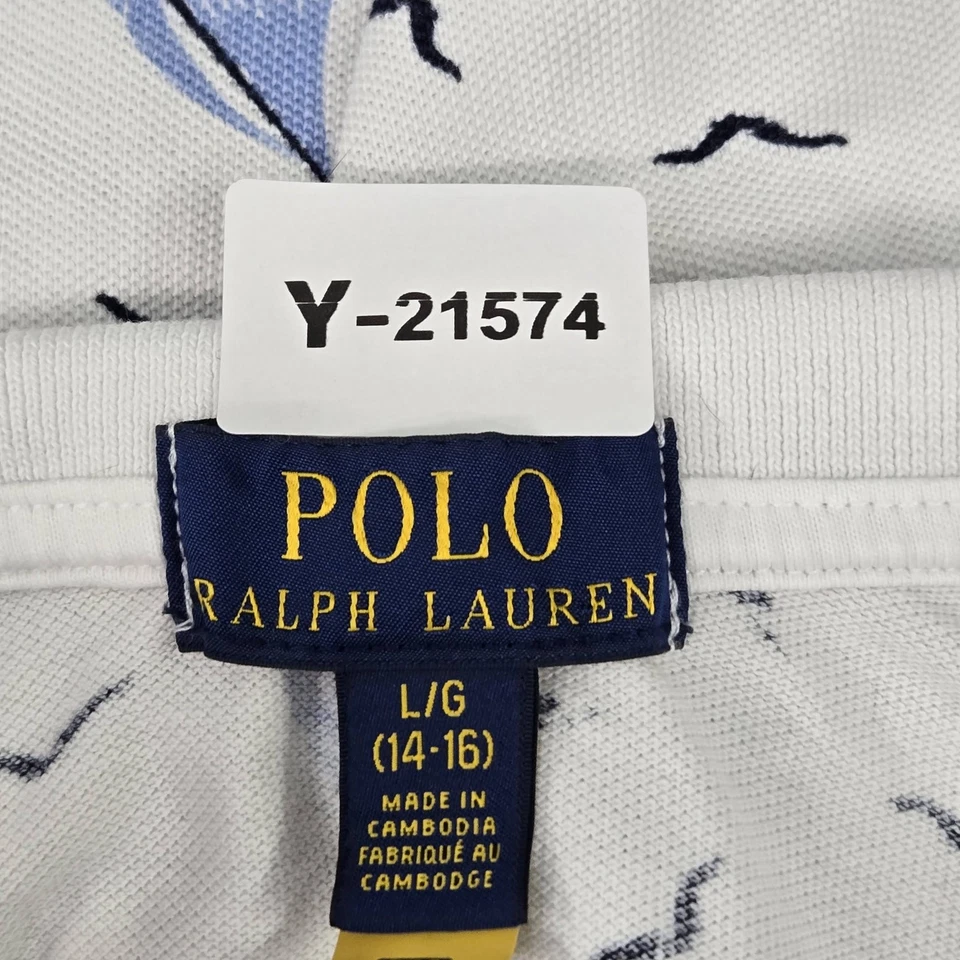 Polo Ralph Lauren Boys Polo L/G (14-16) White Graphic Print Sailboats Birds Mesh - Image 2 of 4