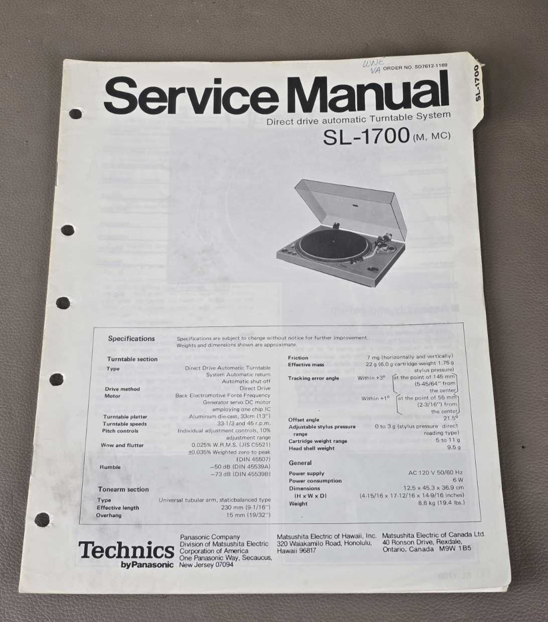 Technics Turntable SL-1700 Service Manual D-4395