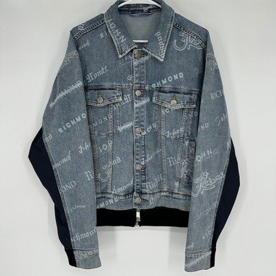 John Richmond Logo Print Hybrid Denim Bomber Trucker Jacket Blue Navy Size 48