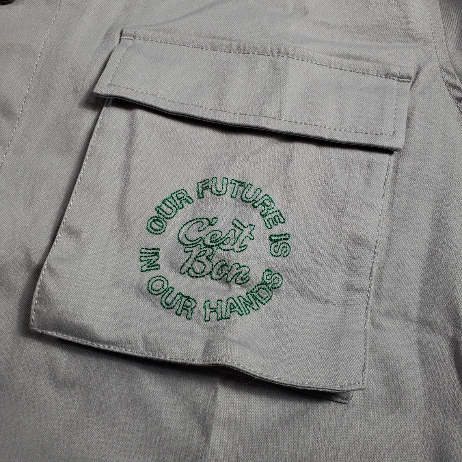 C'est Bon Designer graphic & embroidery Canvas Light Grey Cargo Jacket - product detail image 3