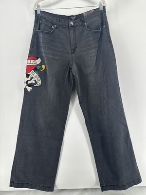 Ed Hardy Jeans Womens 32 Wide Leg Loose Jeans Black Love Kills
