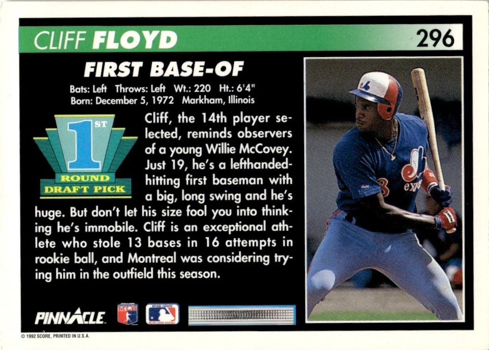 1992 Pinnacle Cliff Floyd Rookie Montreal Expos #296 - Image 2 of 2