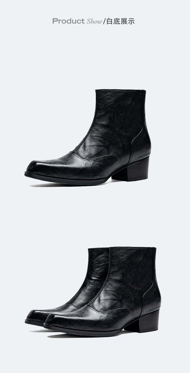 靴 leather side zip square toe heel boots Square Toe High Heel Boots Mens Cuban Heel Side Zipper Ankle