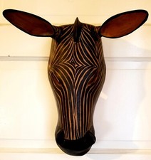 Vtg Hand Carved/Painted Wood African Zebra Mask Wall Hanging Never Displayed