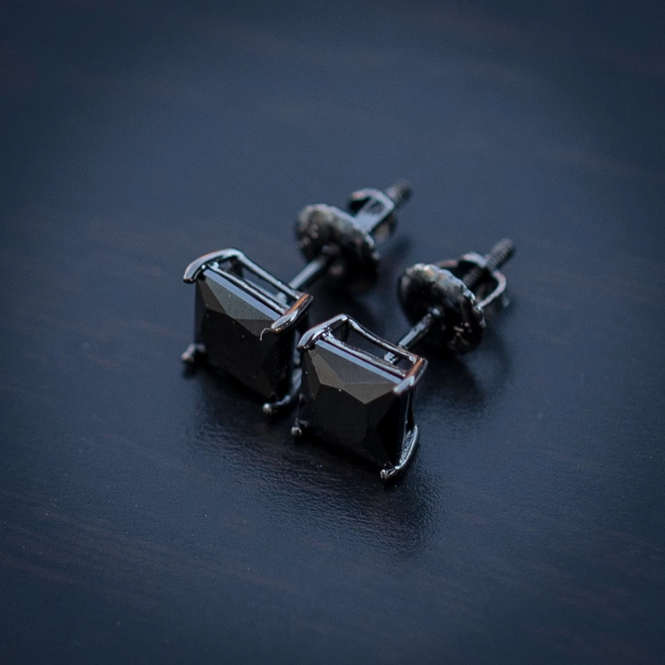 Pendientes cuadrados de hip hop para hombre circonita cúbica negra corte princesa con pasador atornillado  Foto 4 de 4