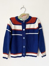 Vintage Knit Blue Rust Striped Cardigan Sweater Boys Girls Sz 4 5