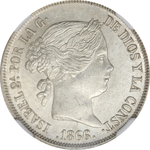 Spain 1866M 40 centimos de escudo Queen Isabel II NGC MS61