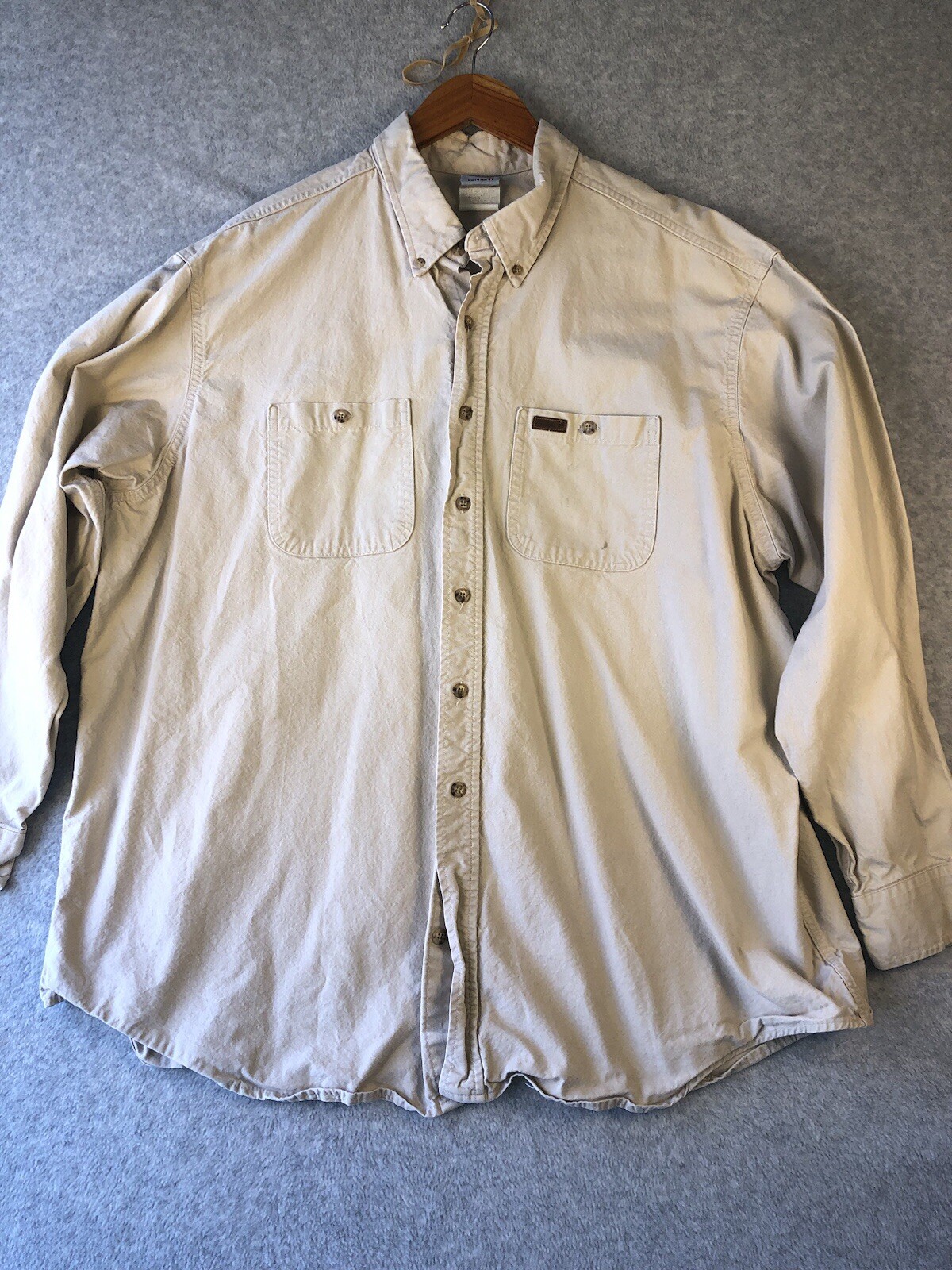 Vintage Carhartt Canvas Button Up Shirt Mens Sz XXL Tan Workwear USA