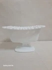 Vintage Indiana Glass Open Lace Edge Pedestal Dish Ribbed Milk Glass Rectangle