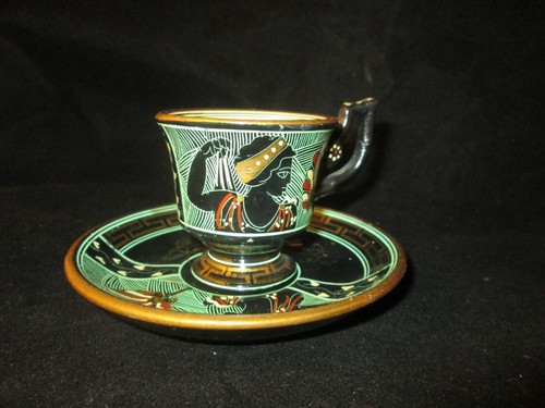 Greek Art Tea Cup Saucer Set Hand Made in Greece Black Lekythos Louvre museum - Foto 6 di 6
