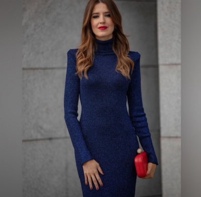 metallic thread knit dress ZARA BLUE MIDI Long-sleeves, NWT, M Halter dress