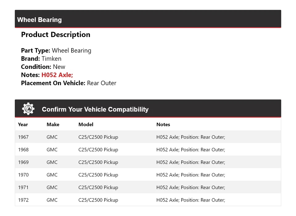 Para 1967-1972 GMC C25/C2500 Pickup Roda Rolamento Traseiro Exterior Timken 1968 1969 - Imagem 2 de 4