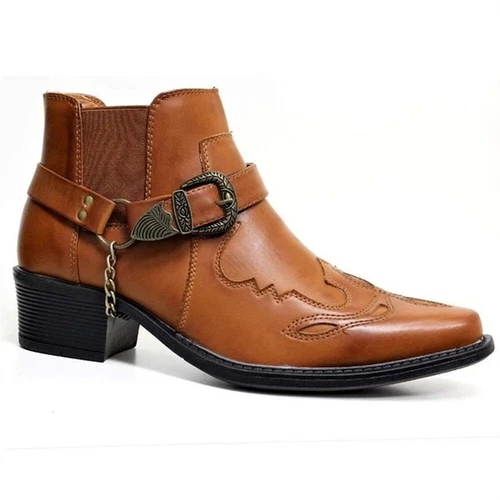 Herren Stiefeletten dicke Ferse spitze Schnalle Stiefel Cowboy Schuh - Bild 5 von 18