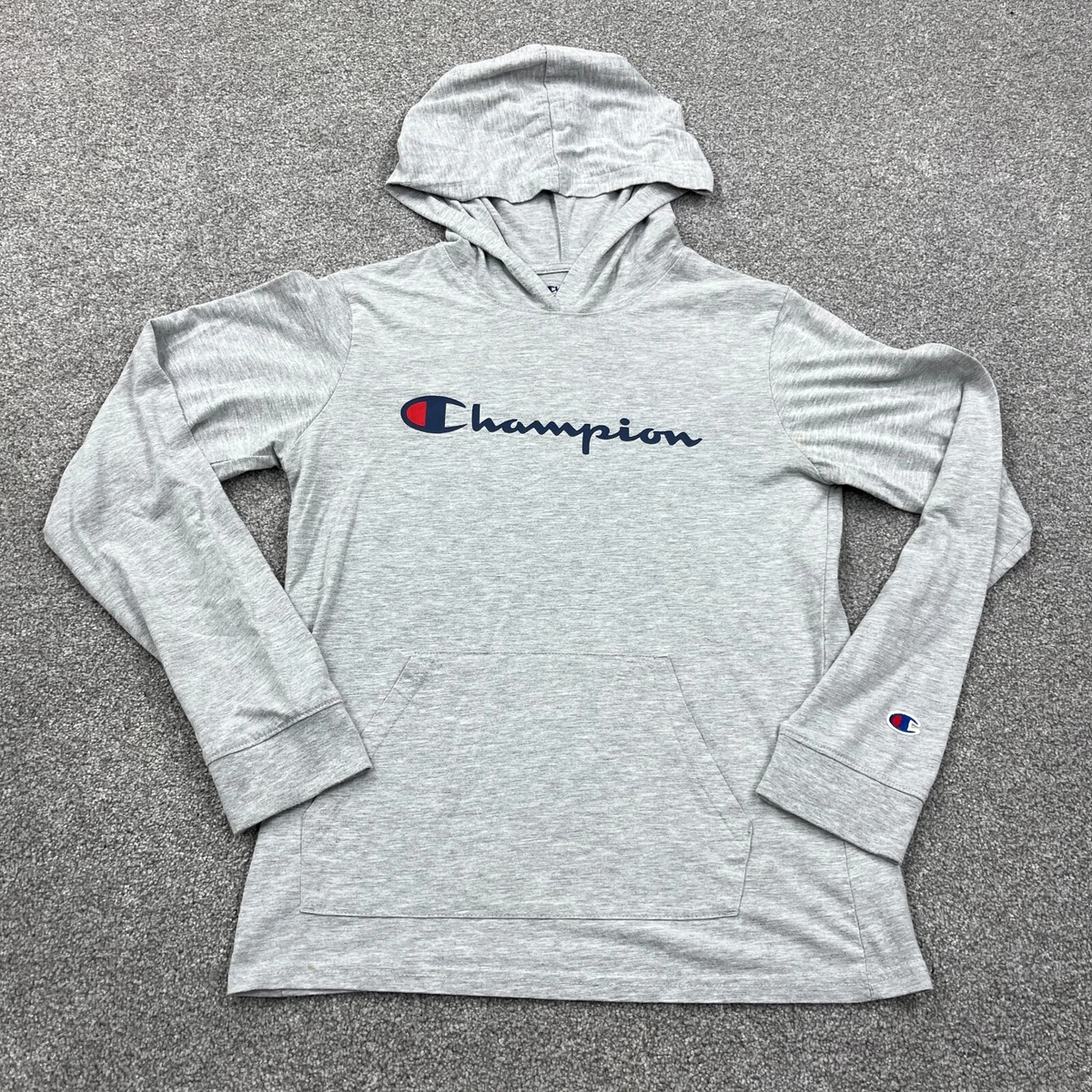 Champion Shirt Boys XL Gray Blue Tee Hoodie Spell Out Script Logo