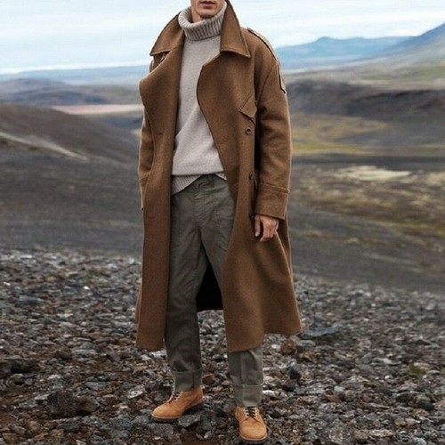 Coat Men Long Trench Lapel Winter Warm 