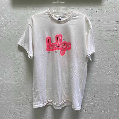 Vintage 90s Las Vegas Print Large T-Shirt Women's White w/ Hot Pink Neon Graphic