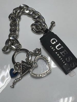 NEW Guess Silver Tone Charm Bracelet, Hearts, Crystals, Blue, Toggle, Size 7