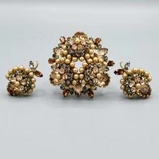 Schreiner Unsigned VERIFIED Topaz Smoky Crystal Faux Pearl Acorn Brooch Earrings