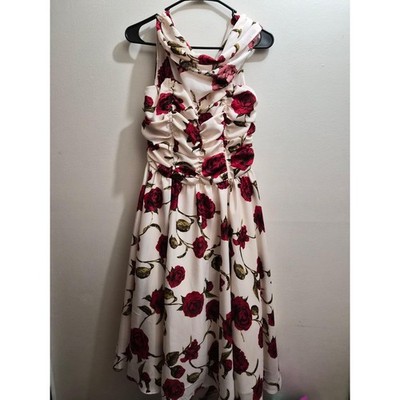 Unique Vintage Red Roses Fit and Flare Ruched Midi Dress Cream Size M 6-8