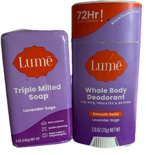 Lume Triple Milled Bar Soap Lavender Sage 5 oz & Whole Body Deodorant 2.6 READ