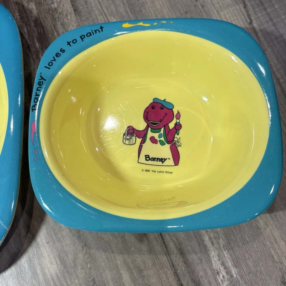  Juego de vajilla de melamina vintage Barney The Purple Dinosaur Kids 2 piezas 1992 Foto 3 de 4