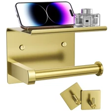 Toilet Paper Holder with Phone Shelf + Towel Robe Hooks, Adhesive or Screw Wa...