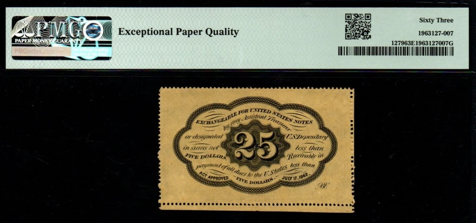 SUPERB PERFORATION 1st Issue 1862-63 25c BEAUTIFUL Fractional POSTAGE Currency! - Image 2 of 2