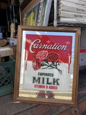 Vtg Framed Carnation Evaporated Milk Advertising Mirror Sign! Approx. 18” x 22”