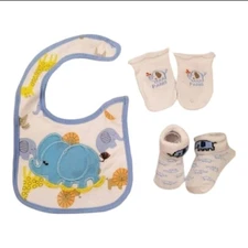 Baby Boy Gift Set Safari Bib, Mittens, Socks Gift Set With Organza Bag
