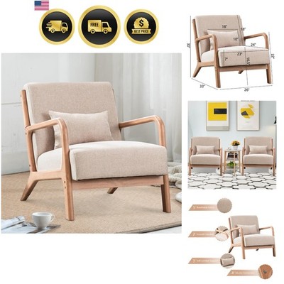 Accent Chair Living Room Beige Upholstered Armchair with Wooden Frame Comfort...