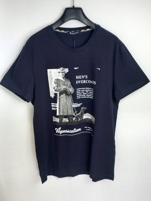 AQUASCUTUM T-Shirt Herren Blau Dunkelblau Baumwolle Stretch Kurzarm Druck 50/52