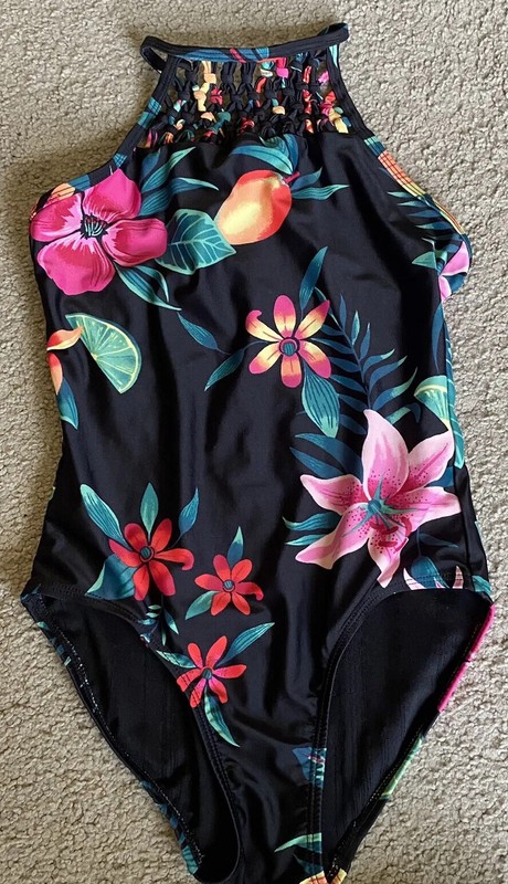 Girls Old Navy Black Floral Swimsuit  With Matching Cover Up Dress Size M