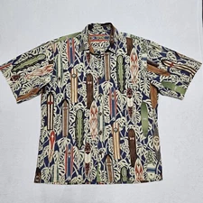 Vtg Kane Malia Hawaiian Shirt Men Large Print USA Surfboard Floral Flame Malibu