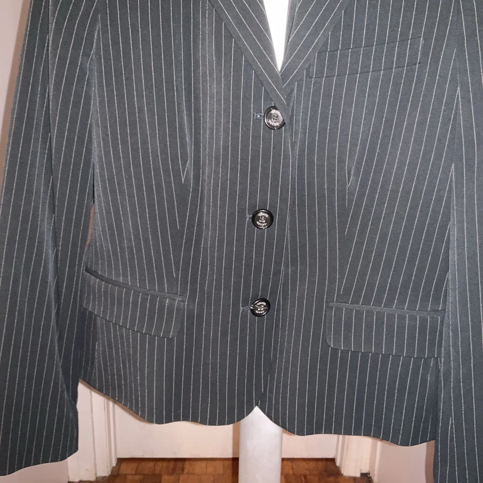 Chaqueta Blazer de Carrera Chaps By Ralph Lauren 12 Gris con Rayas Blancas de Lino para Mujer Foto 2 de 4