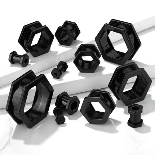 Black Surgical Steel Ear Plug Tunnel - Hexagon Shaped Flared - Picture 2 of 5