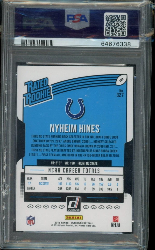 2018 PSA 9 Donruss Rated Rookie Press Proof Gold Die-cut Nyheim Hines 17/25 - Image 2 of 2