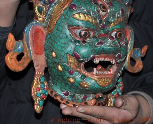 13"Tibet Bronze Gilt turquoise gem Tantra Mahakala Buddha head mask Wall hanging - Picture 7 of 14