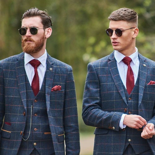 Blue Tweed Wedding 3 Piece Suit with 