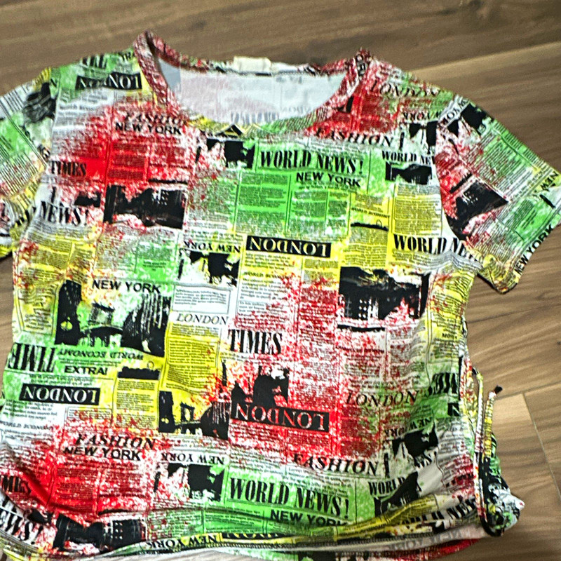 Multicolor Graphic Print Round Neck Short Sleeve Knit T-Shirt Women's L