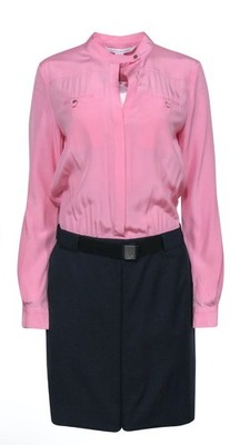Diane von Furstenberg Pink Silk Navy Wool Shirt Dress 4 Quiet Luxury Academia