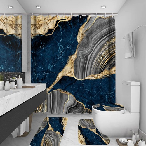 4 Pcs Marble Shower Curtain Sets with 12 Hooks Luxury Bathroom Decor