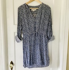 Ann Taylor Loft Shirt Dress M Blue Geo Print Roll-up Sleeve Waist Boho V-Neck