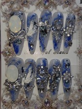 Press On Nails Handmade Large Blue Swan pearl necklace almond design